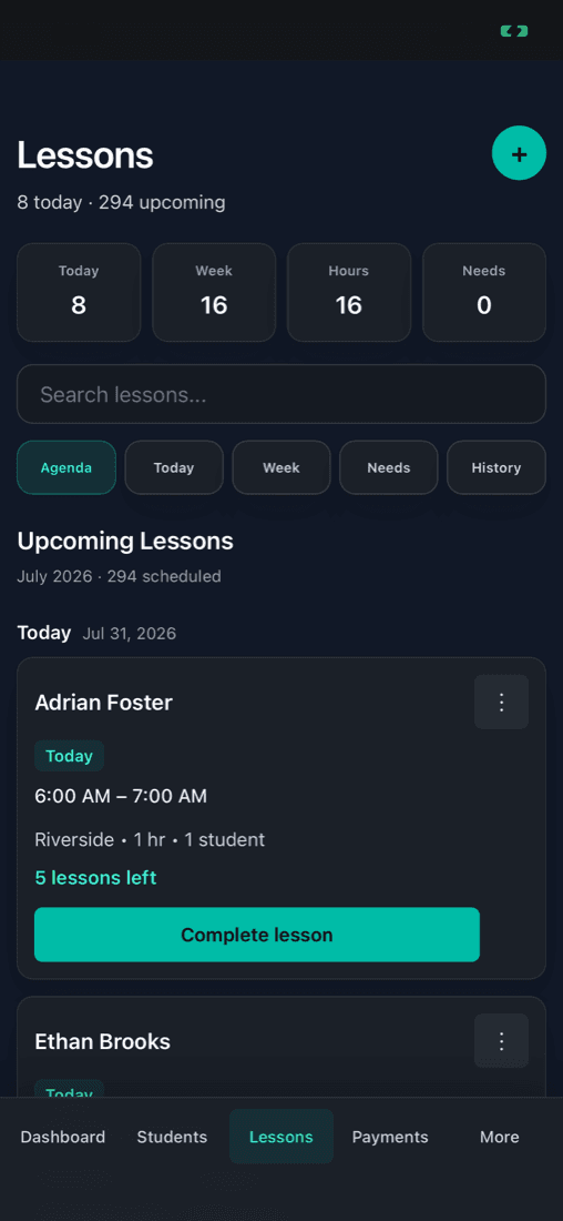izow lesson schedule with agenda, calendar views, and lesson details