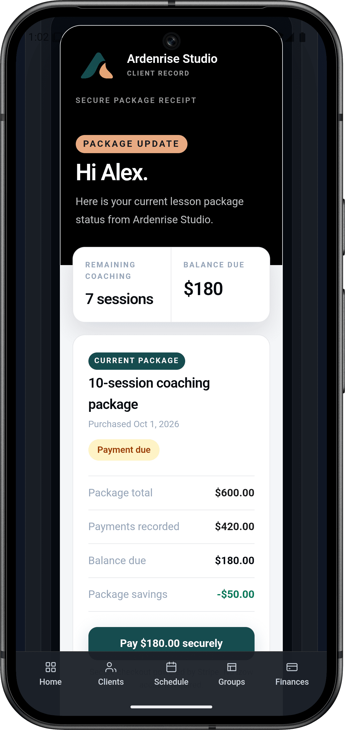 Ardenrise Studio example of a custom branded izow package receipt with balance, package savings, and secure payment button
